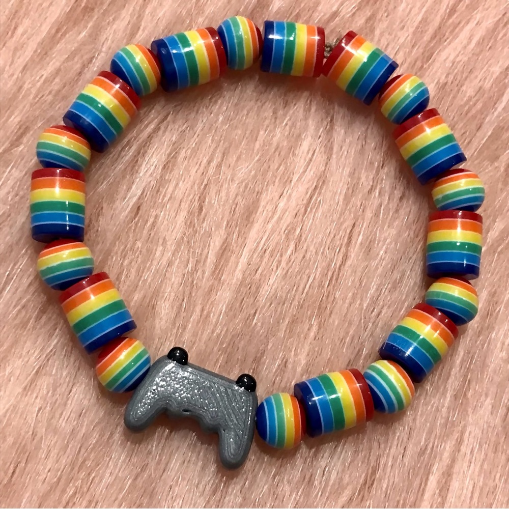 Handmade Grey Video Game Controller Colorful Rainbow Pride Beaded Bracelet - Picture 2 of 6